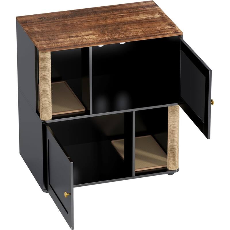 Double Cat Litter Box Enclouse with Scratch Post and Litter Mat