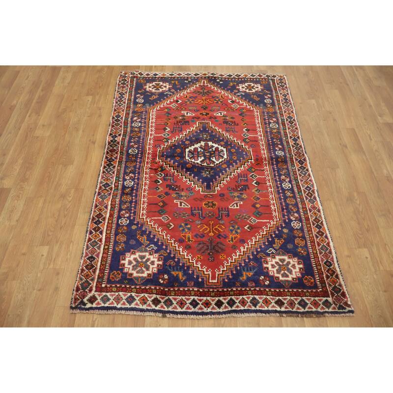 Hand Knotted Oriental 100% Wool Carpet Traditional Tribal Red Shiraz Area Rug - 5' 0'' X 3' 5''