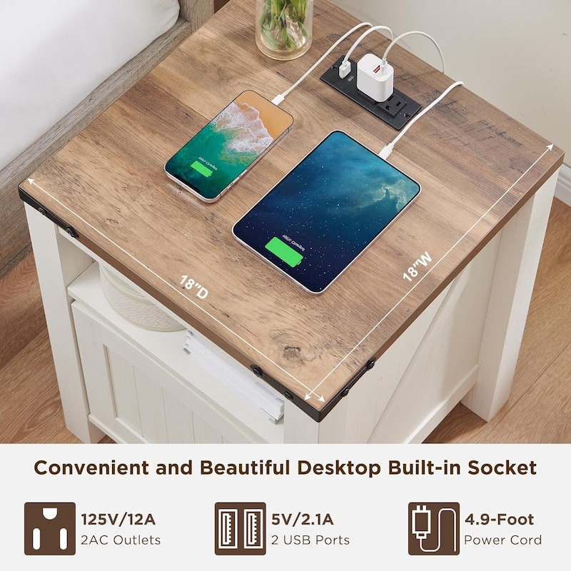 Farmhouse Nightstand with Charging Station, Wood End Table, Side Table