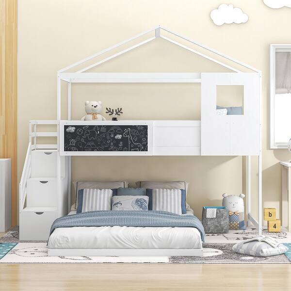 slide 2 of 10, Twin Over Full House Bunk Bed w/Storage Staircase & Blackboard, White White
