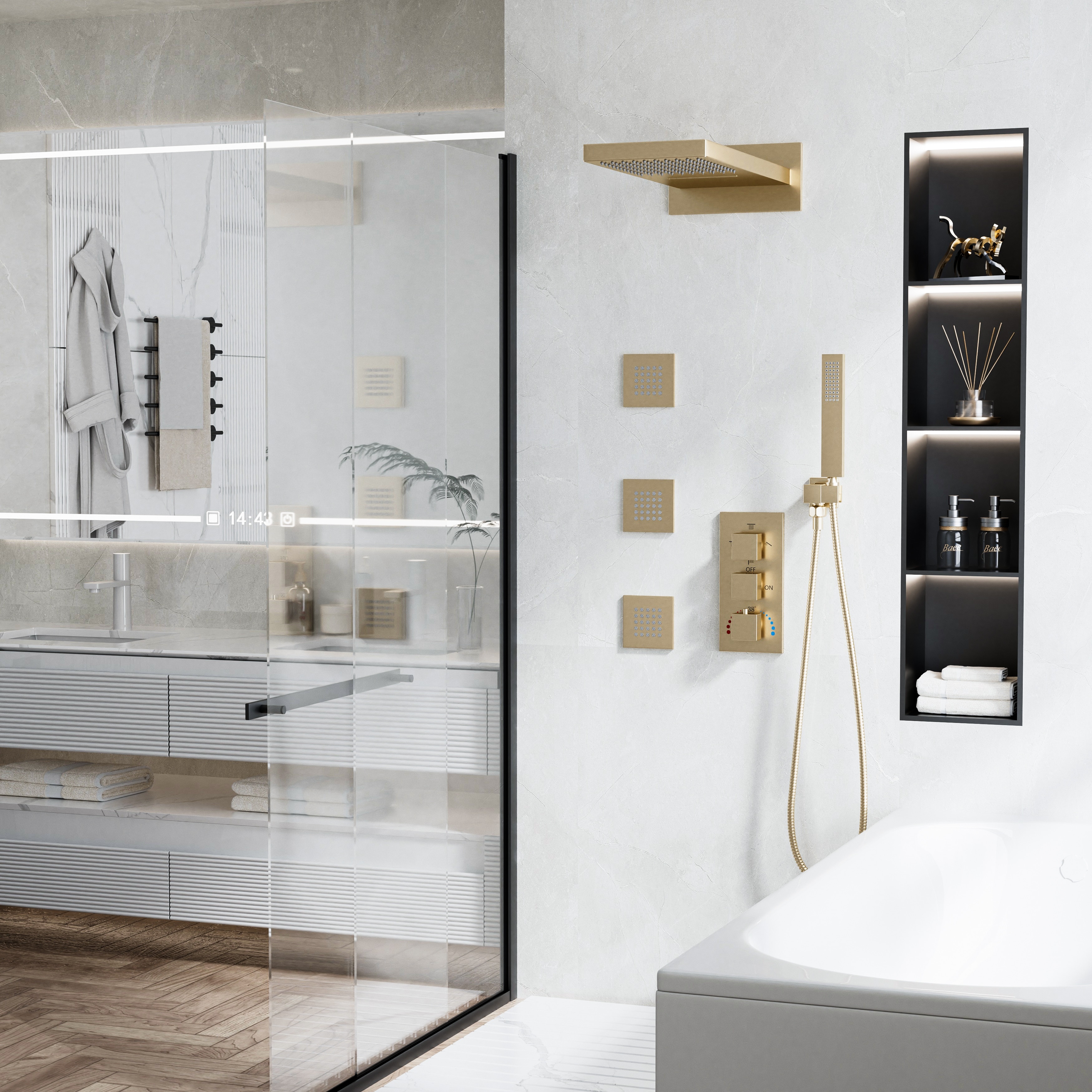 Modland 4-Function Thermostatic Shower System - Wall-mounted, WRAS Valve, 3 Jets, Matte Black/Gold/Nickel/Chrome