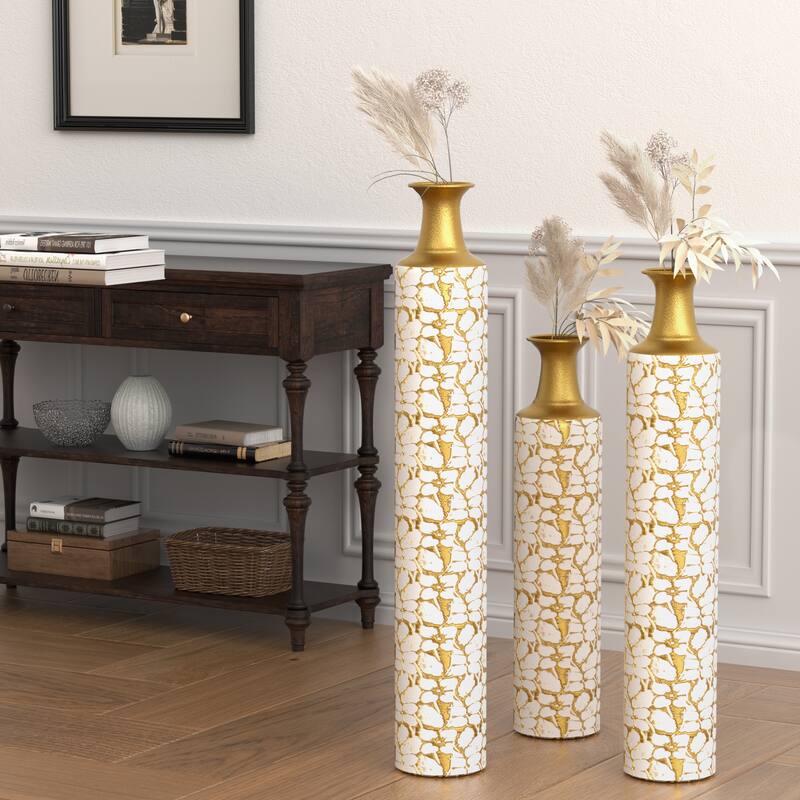Floor Metal Decorative Vase Tall Distressed Metallic Centerpiece Vases with Pattern, Set of 3 Vases