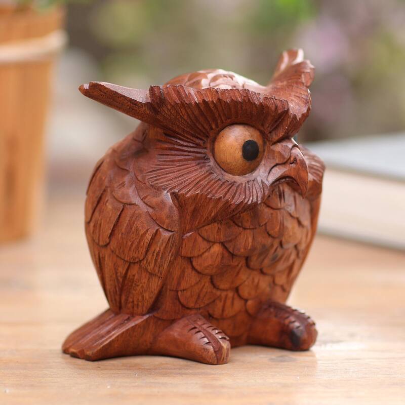 Novica Handmade Clever Owl Wood Statuette