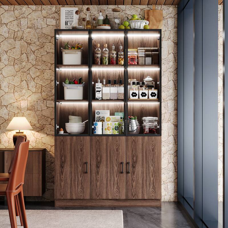 Bookshelves Bookcase Modular Glass Display Cabinet with LED Lights, Dark Wood Storage Combination Cabinet System