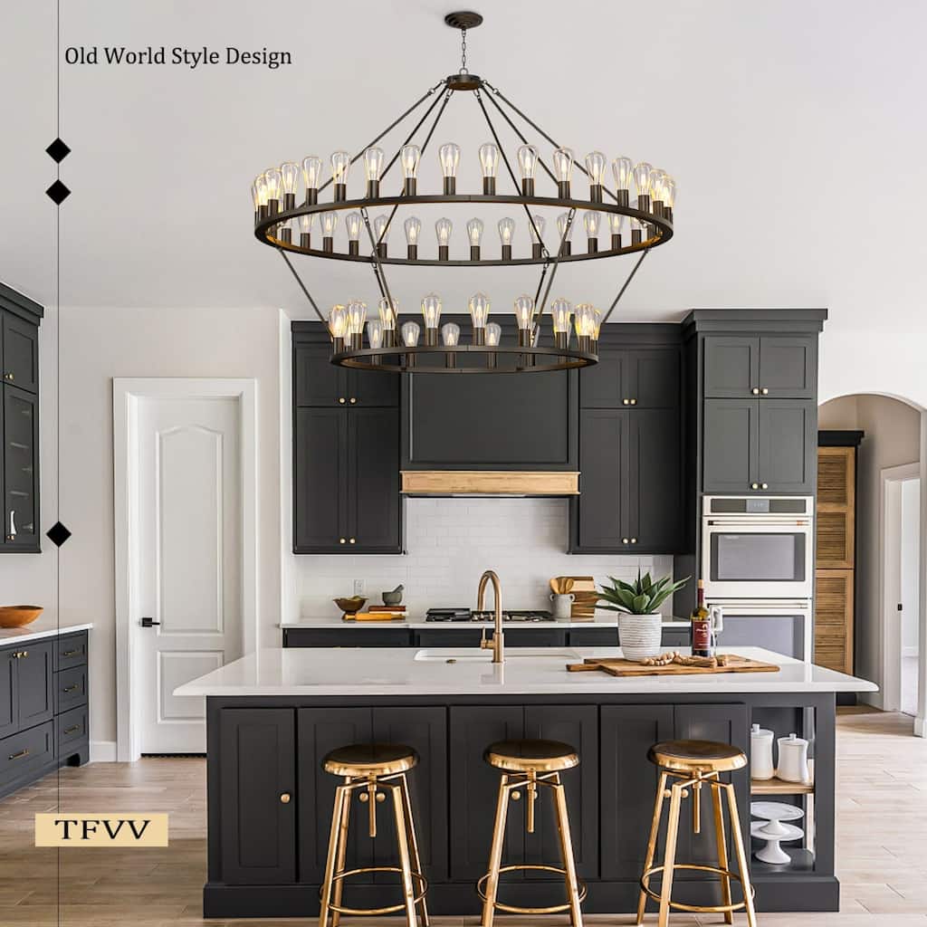 Farmhouse Industrial Round High Ceiling Pendant Light Adjustable Chain - Matte Black - 60