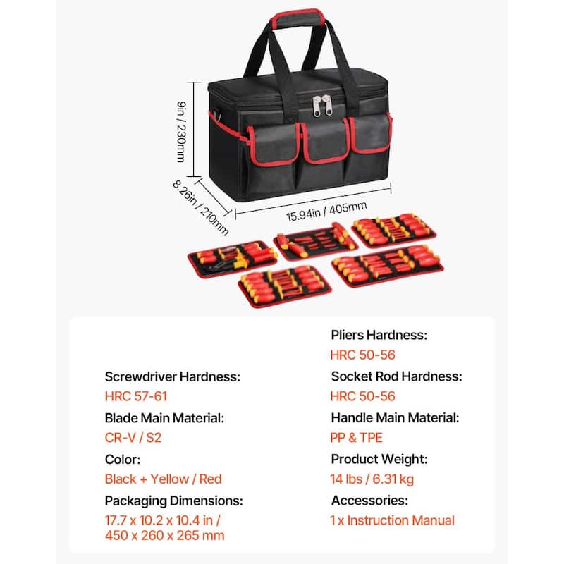 50 Piece Insulated Tool Set 50 for Electricians with Tools Handles and Tool Bag - 15.94 x 8.26 x 9 in