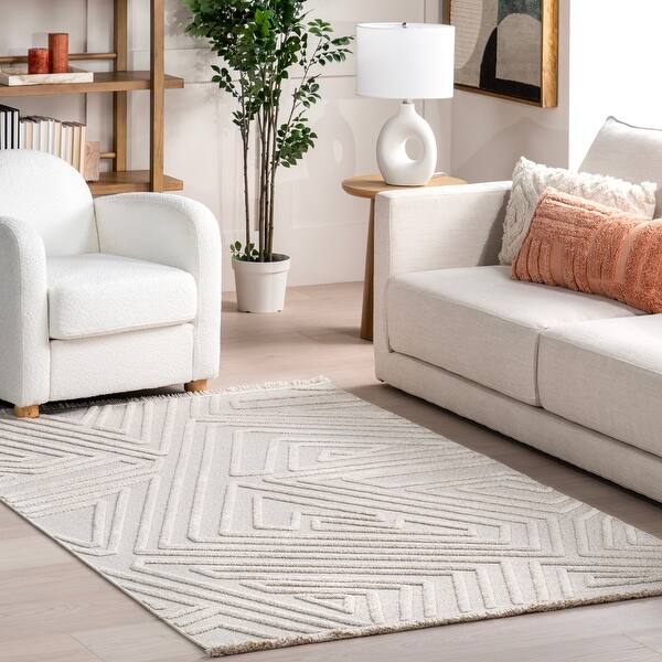 slide 2 of 9, Nuloom Isabeau Modern Geometric High-Low Fringe Area Rug 4' x 6' - Ivory