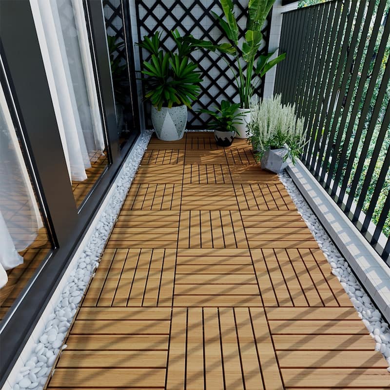 1 ft. x 1 ft. Acacia Wood Outdoor Interlocking Deck Tiles, Box of 20 - Natural - 6 Slats