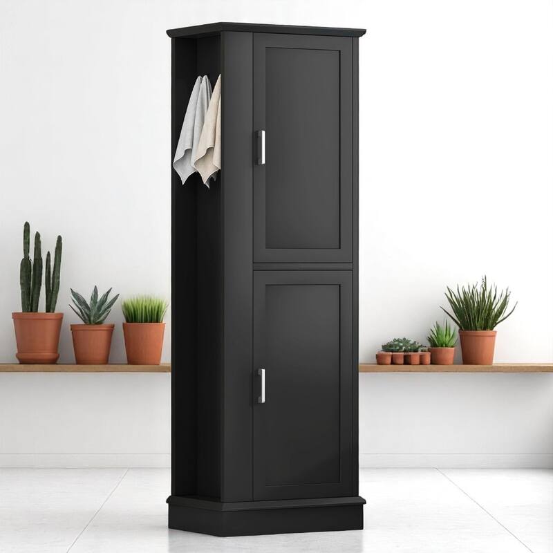 68-Inch Tall Bathroom Storage Cabinet with 2 Doors, Adjustable Shelves, Side Hooks & Anti-Tip Kit, Freestanding Organizer, Black - Black