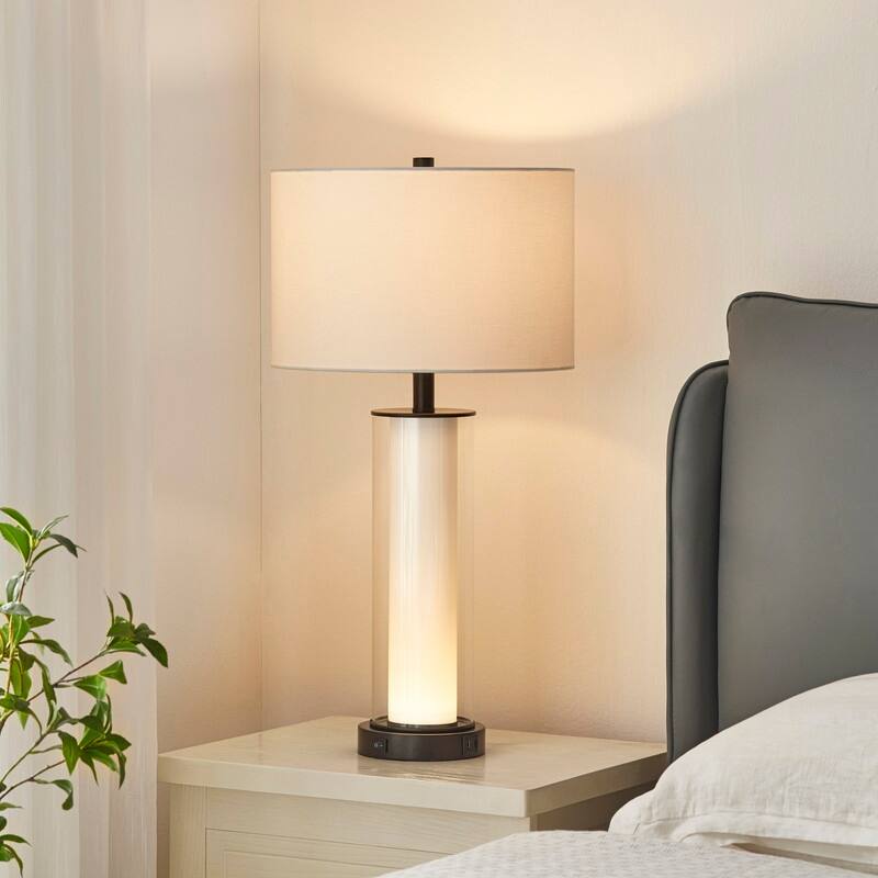 KAWOTI 26.75" Modern Glass Table Lamp with Night Light - H26.75"