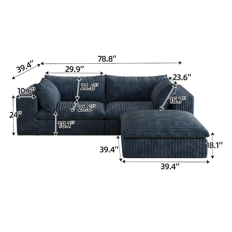 Corduroy Loveseat & Ottoman Set, L-shaped Sectional Sofa with Double-layer Seat Cushions, Modular Chaise Lounger Couch
