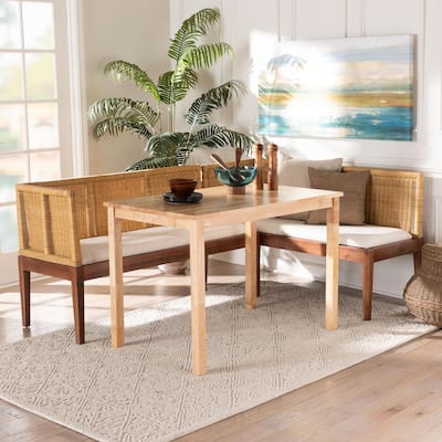 Tabanan Modern Bohemian Natural Brown Rattan and Brown Acacia Wood 3-Piece Dining Nook set