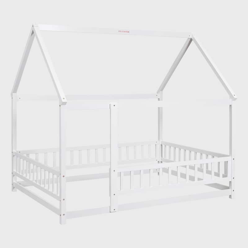 Full Size Floor Wooden Bed with House Roof Frame