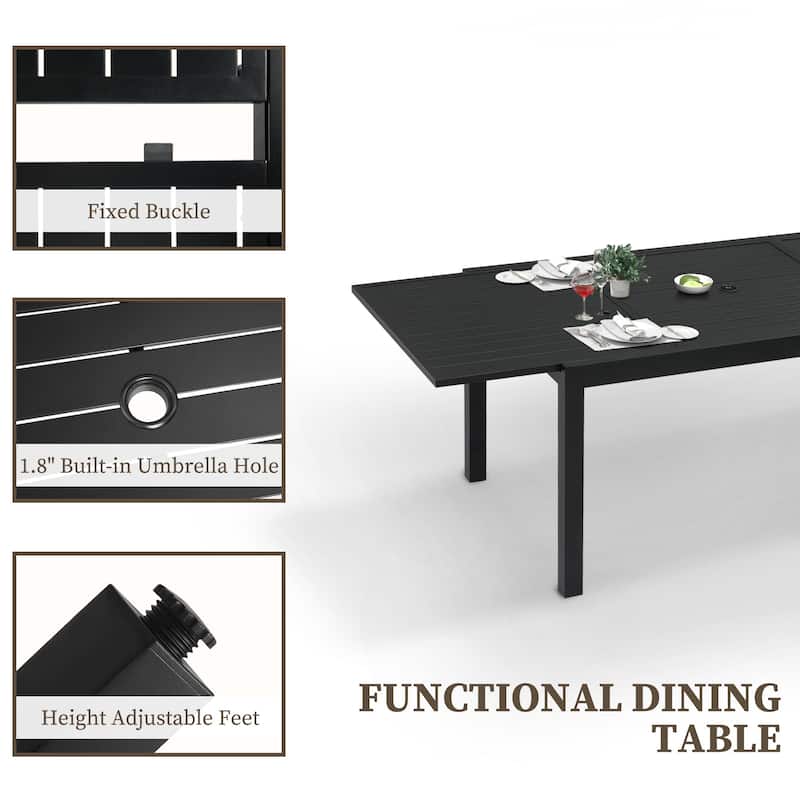 Extendable Patio Dining Table for 6-10 Person, Rectangle Aluminum Table with 1.8" Umbrella Hole for Backyard