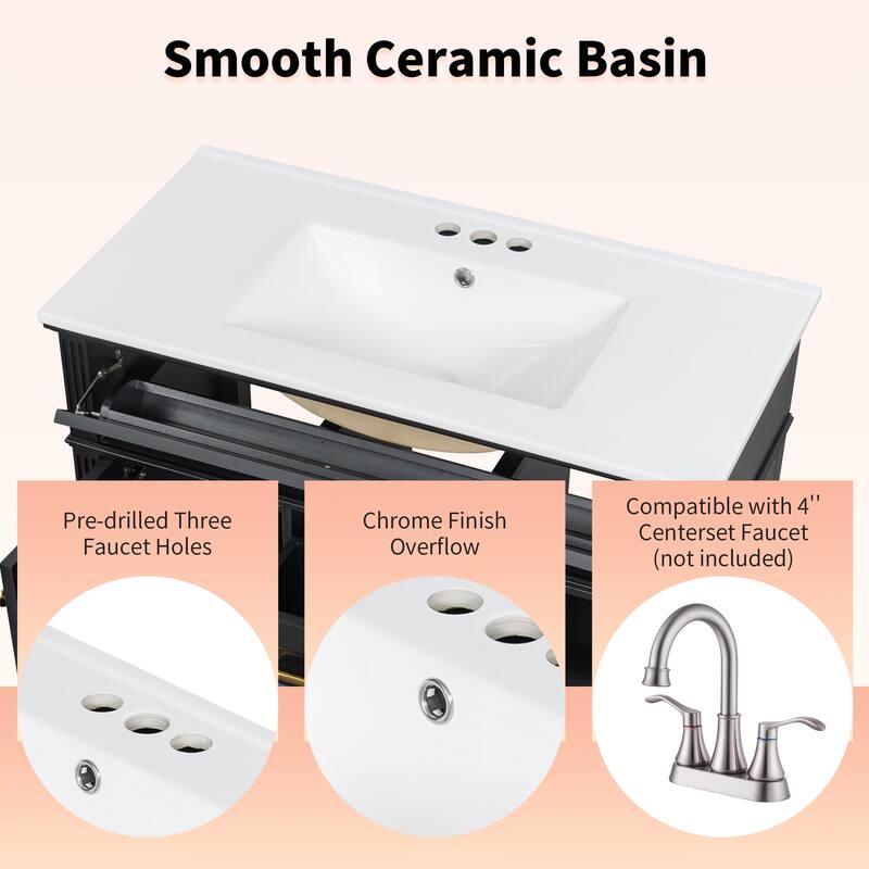 Roomfitters 36" Bathroom Vanity with Sink, Solid Wood Frame, Flip-Out Drawer & Soft-Close Doors