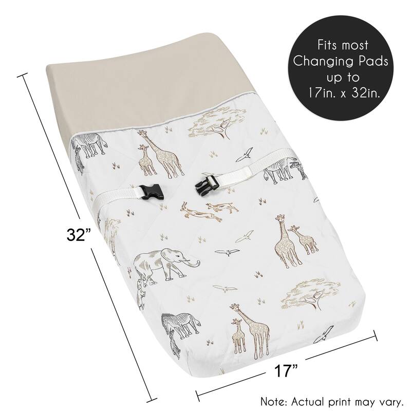 Jungle Safari Animals Boy Girl Changing Pad Cover Taupe Black and White Gender Neutral Elephant Giraffe Wildlife Adventure Zebra