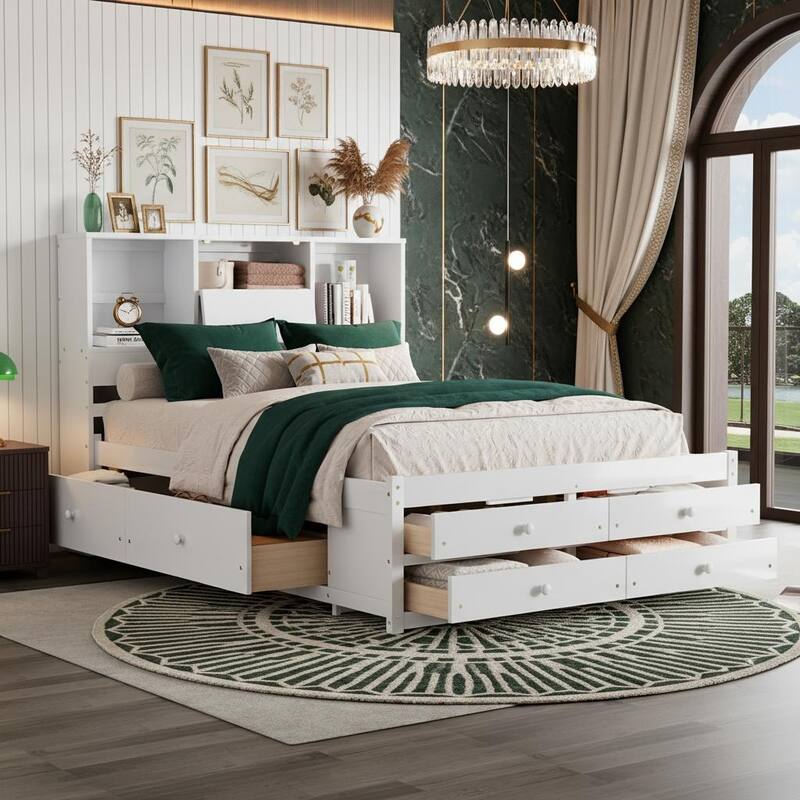 Platform Bed with Storage Headboard and 8 Spacious Drawers by Harper&Bright Designs - White - Queen