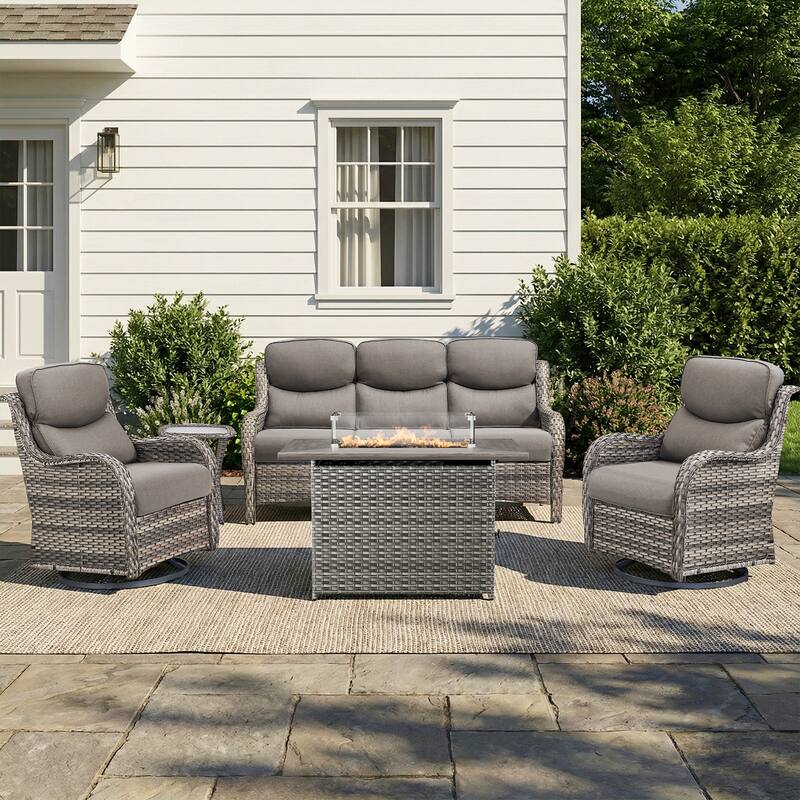 Pocassy Outdoor Fire Pit with Sofa Swivel Chairs Conversation Set - Gray Wicker Gray Cushion - 5-Piece Sofa Swivel Chair Table w/ Fie Pit Table