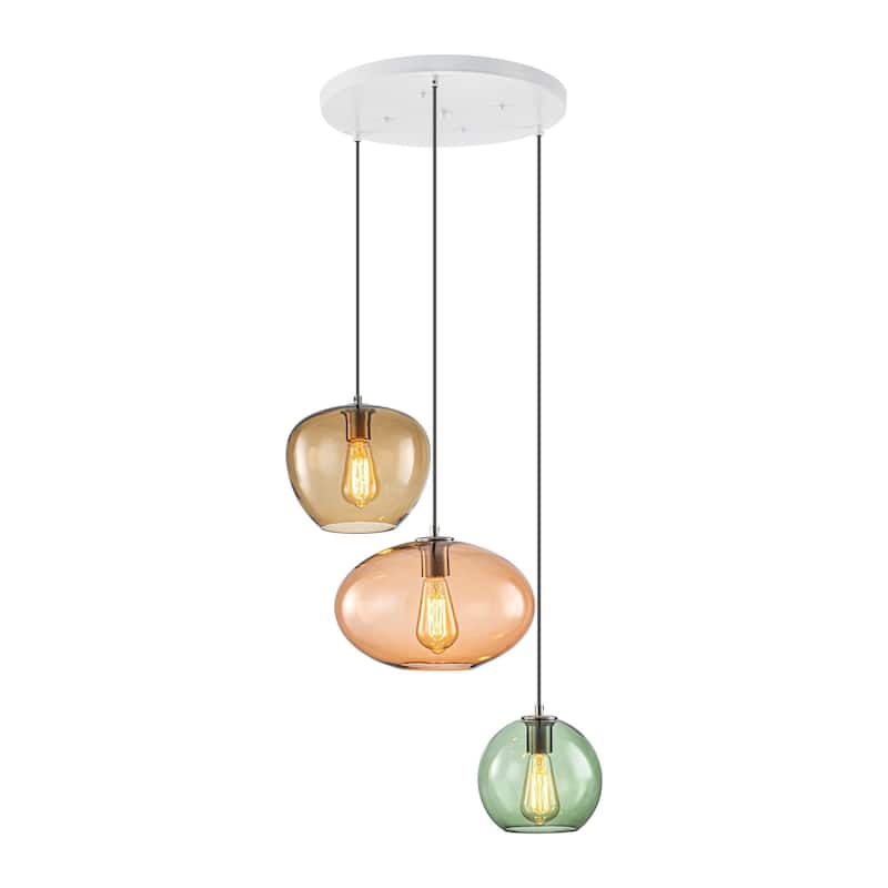 3-Light Modern Vintage Cluster White Pendant Light with Colored Glass Globe Shades - 23.62 in. W x 23.62 in. D