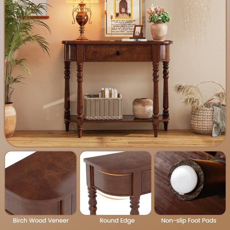 Retro Solid Wood Console Table with Drawer and Shelf Narrow Entryway Sofa Table for Living Room Hallway - 36" x 13" x 31"