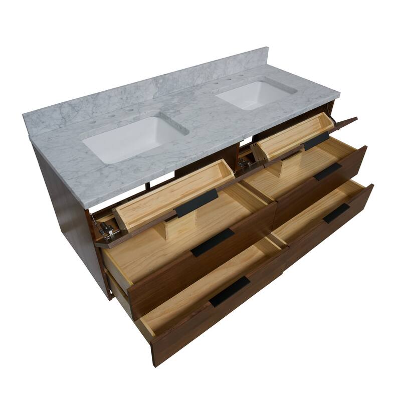 KitchenBathCollection Oslo 60" Floating Wall-Mounted Double Bathroom Vanity with Carrara Marble Top