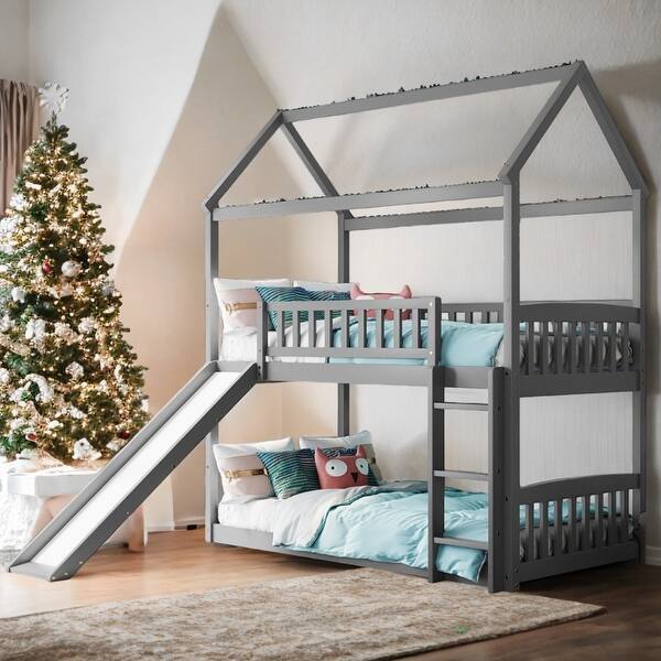 slide 2 of 26, Twin Over Twin Bunk Bed with Slide, House Bed with Slide,Maximized Space Saving Gray