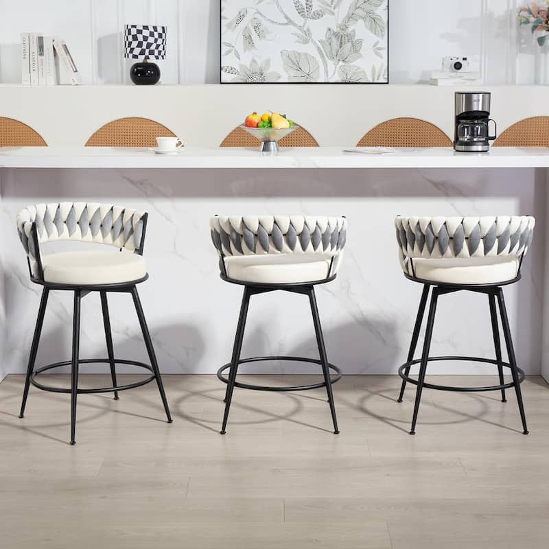 XINMICS 360° Swivel Bar Stools, 24 Inches Modern Counter Height Bar Stools with Woven Back, Upholstered Suede Tall Barstools - Set of 3 - White - Counter Height