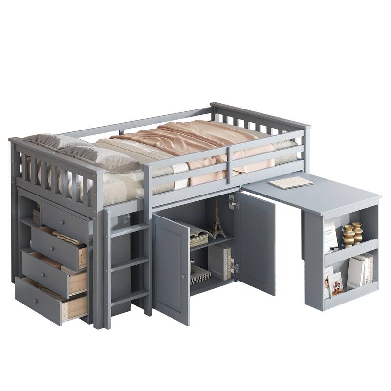 Twin Loft Bed with Storage Cabinet, Drawer and Shelf Cabinet and Pulling-Out Desk, Rubber Wood Loft Bed with Safety Guardrail