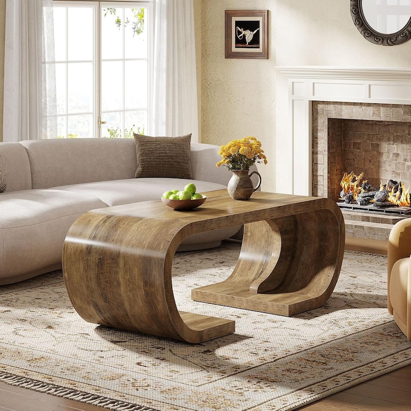 47 Inches Farmhouse Coffee Table with Curved Side for Living Room, Rustic Brown