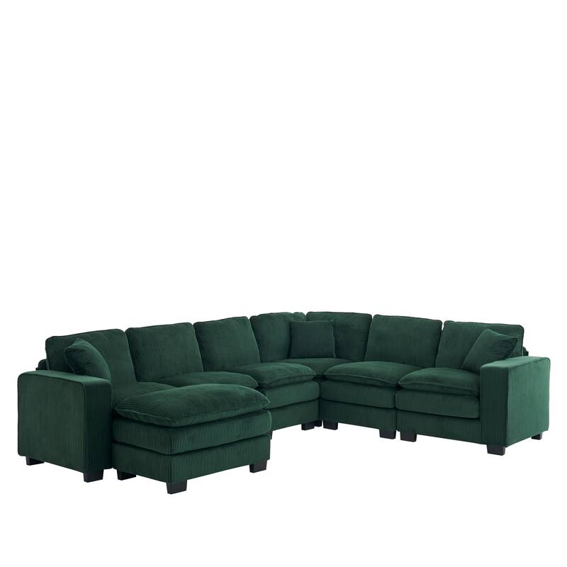 Corduroy Upholstered U-shaped Chaise Sectional Sofa Modular Sleeper Sofa Bed Deep Seat Couch with Ottoman and Pillows