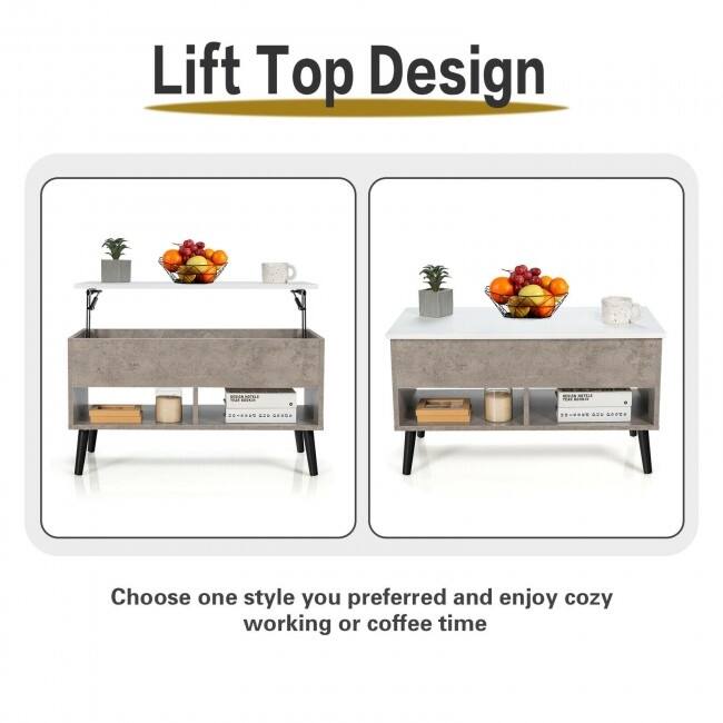 31.5 Inch Lift Top Coffee Table with Hidden Compartment and 2 Storage Shelves - 31.5" x 15.5" x 17.5" (L x W x H)