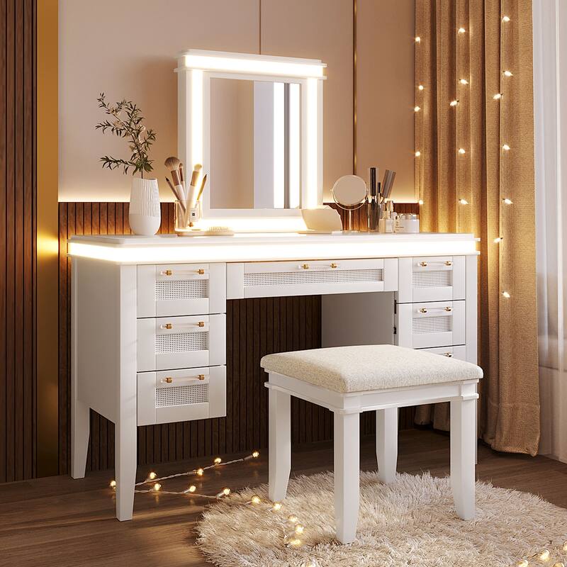 48" Vanity Desk with Mirror and Lights, Makeup Vanity with 7 Drawers and Cushioned Stool, with Hollow Design Drawer