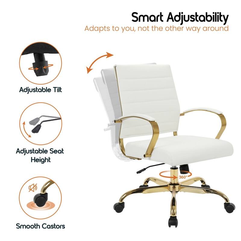 Benmar Mid-Back Leather Office Desk Chair in Gold Stainless Steel Frame Adjustable Height Tilt Lock 360 Swivel Ergonomic Chair