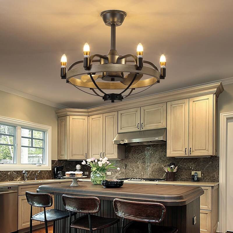 23"/32" Modern Chandelier LED Ceiling Fan with Remote,Wood Grain Caged Fandelier - 23 Inches