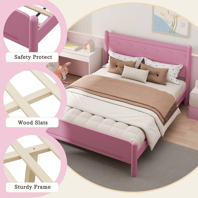 Wooden Platform Bed with Headboard, Solid Pine Kids Bed Frame, Wood Slat Support