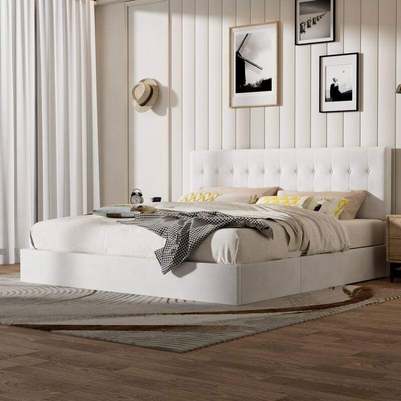 Plywood Frame Upholstered Platform Bed with Lift-up Storage - White - King