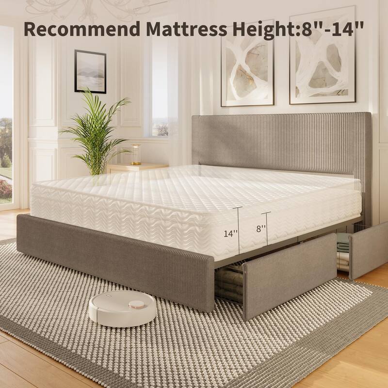 Full/Queen/King Size Bed Frame with Tufted Wingback Headboard, Platform Corduroy Upholstered Bed Frame with 4 Drawers