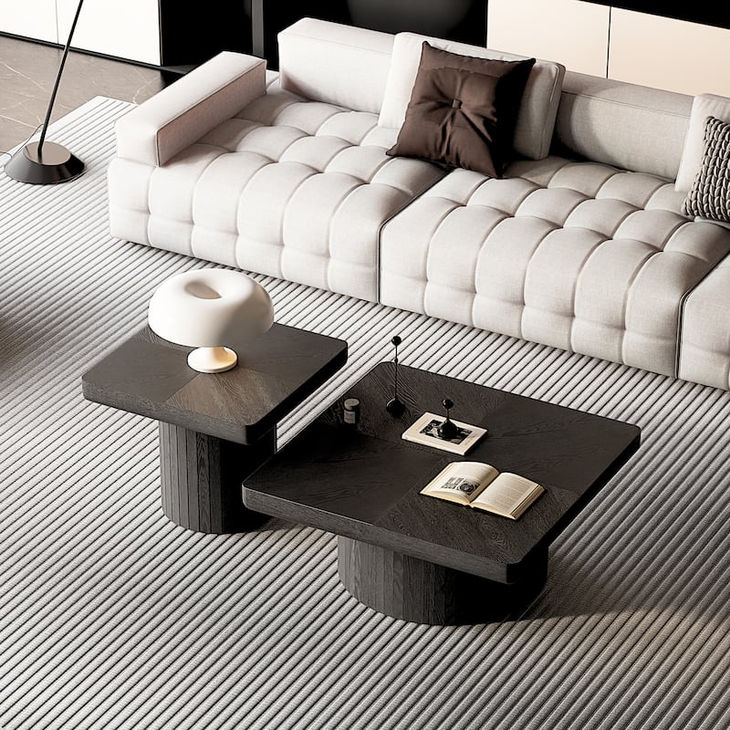 Modern Wood Coffee Table with Cylindrical & Fluted Pedestal