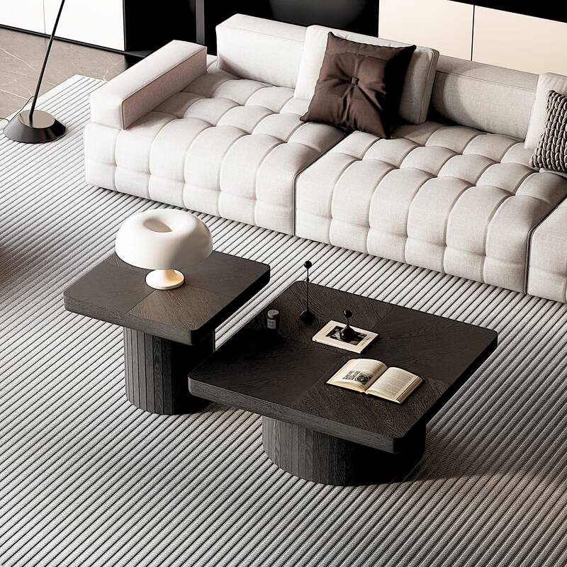 Wood Nesting Coffee Table Set, 2-Piece Coffee Table with Cylindrical Fluted Pedestal, Versatile Nesting Tables for Living Room