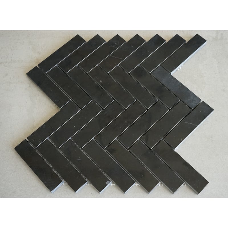 Nero marquina 1 x 4 Marble Harringbone Wall and Floor Mosaic - Case (10 Sheets)