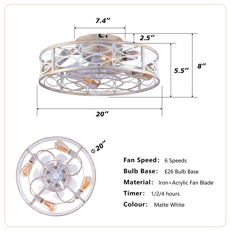 20" Caged Ceiling Fans with Lights,Bladeless Ceiling Fan 6 Speed Reversible with Remote Control,Flush Mount Caged Ceiling Fan