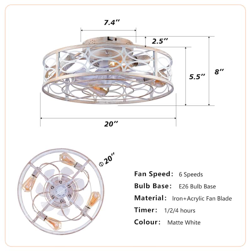 20 inch Flush Mount Ceiling Fan Light with Remote Caged Farmhouse Fandelier Black Wood Low Profile