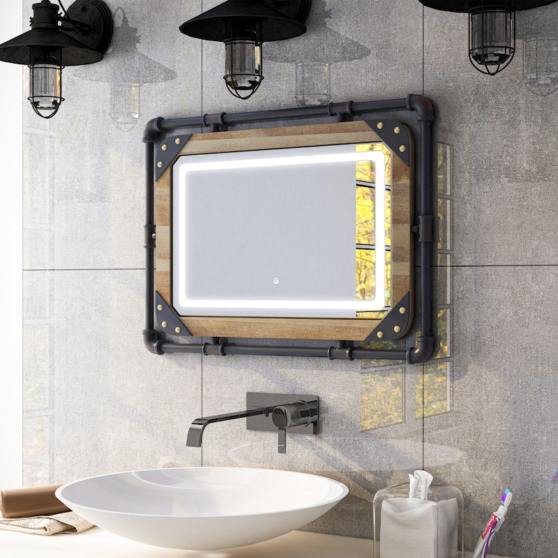 Furniture of America Inyo Industrial Metal Wall Mirror with LED Lights - Brown