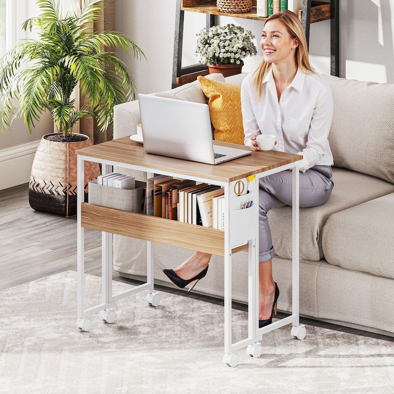 HOMCOM Small Folding Desk, Rolling Computer Desk Foldable with Storage Bag and Shelf, 31.5" Portable Writing Table on Wheels