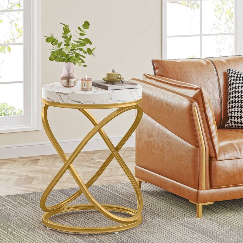 Round White and Gold End Table, 26 Inches Faux Marble Top Nightstands Sofa Side Table