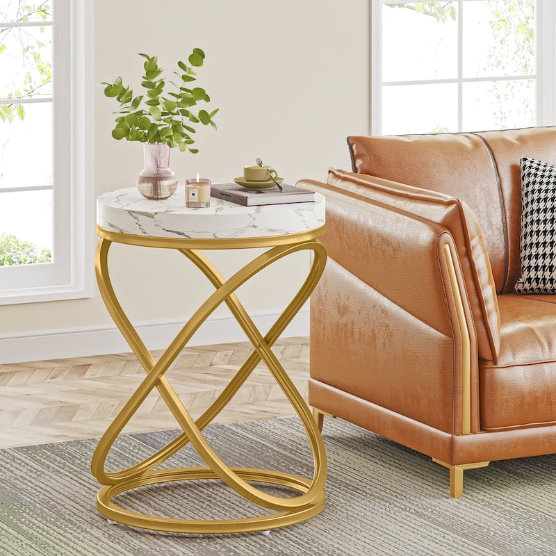 Wood/ Metal Round End Side Table Nightastand for Living Room Bedroom - White/Gold - Wood