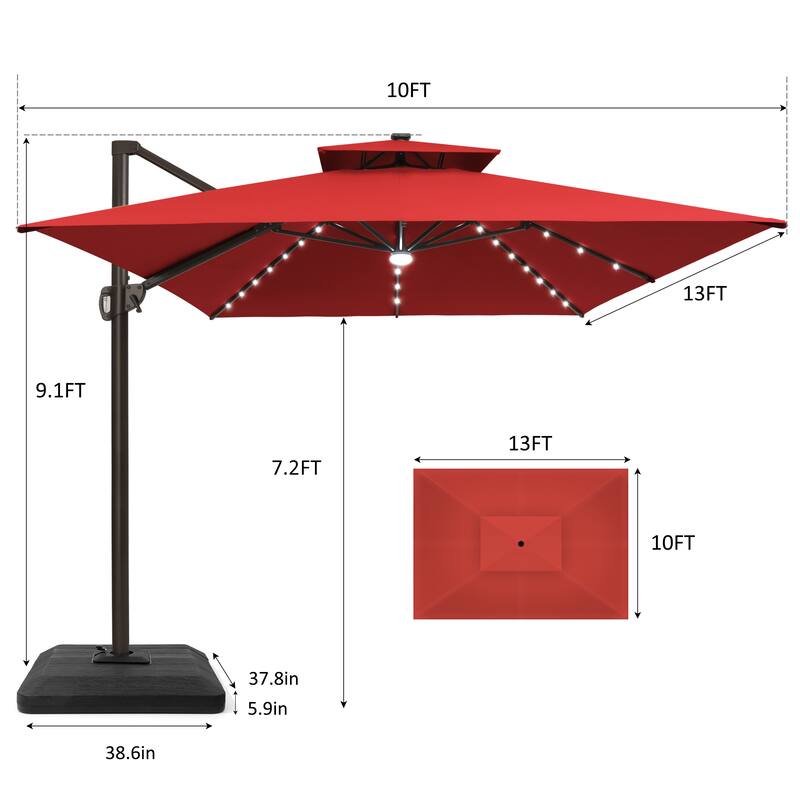 10X13 FT Outdoor Cantilever Patio Umbrella Solar LED Light with Weights Base