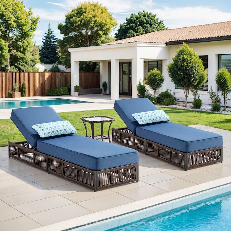 ArcoBay 3-Piece Brown Wicker Outdoor Patio Chaise Lounge with 5-Inch Thick Cushions and Side Table - Navy Blue