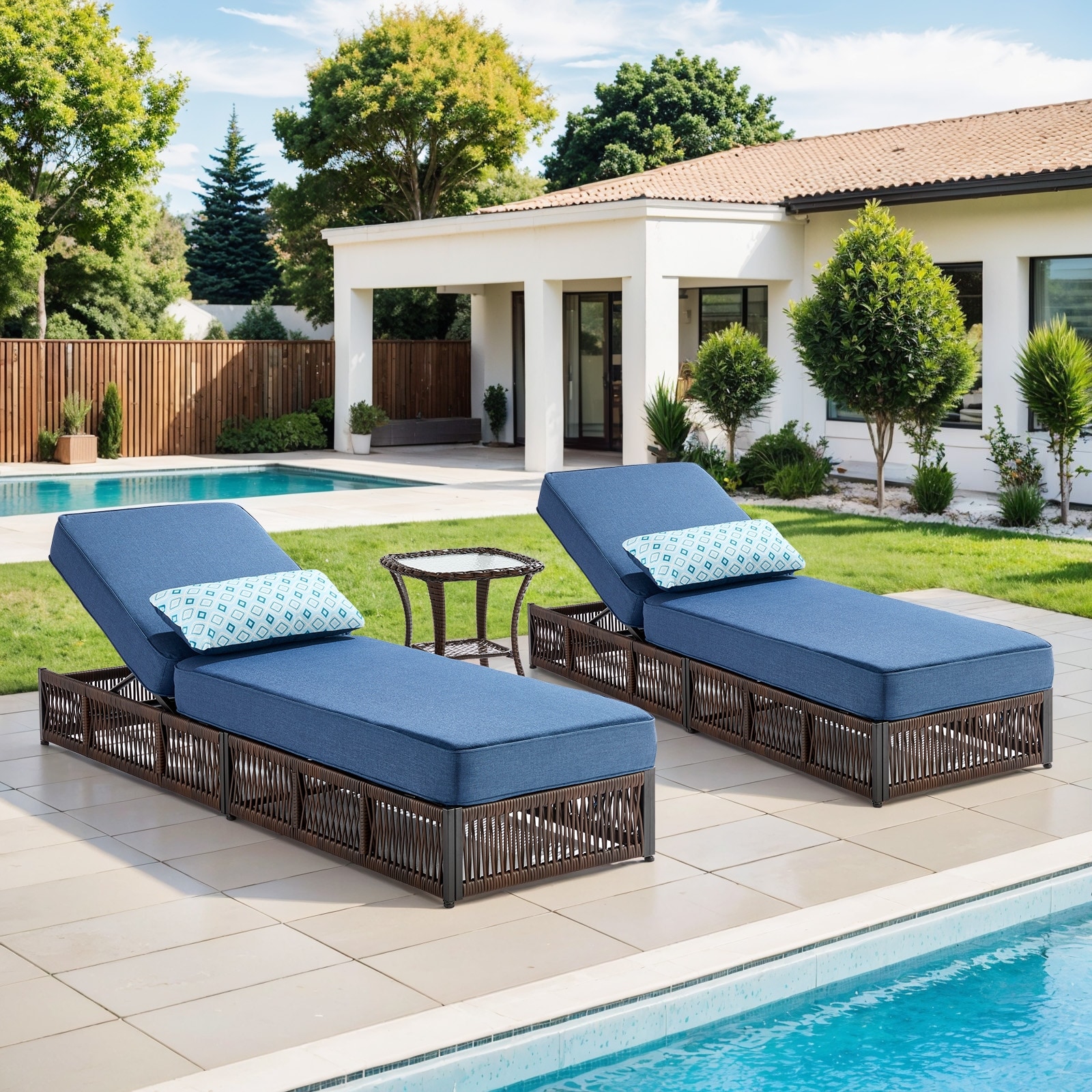 Meyreso 3-Piece Brown Wicker Outdoor Patio Chaise Lounge with 5-Inch Thick Cushions and Side Table