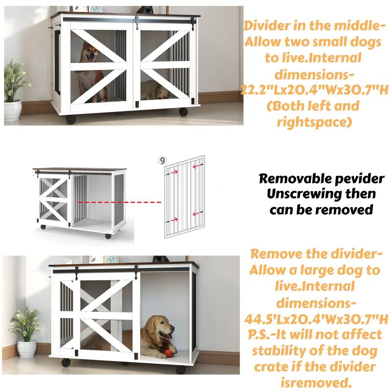 Mobile Dog Crate with Flip-Top Feeding Door, 2-in-1 Convertible Crate with 5 Casters & Side Hooks, Double Dog Crate Furniture